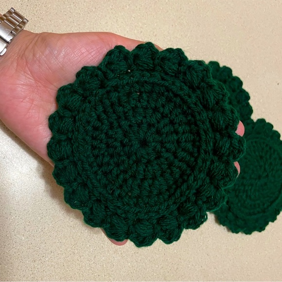 Handmade Crocheted Drink Coasters, Green, 4-pc set, 5in diameter - Picture 3 of 5